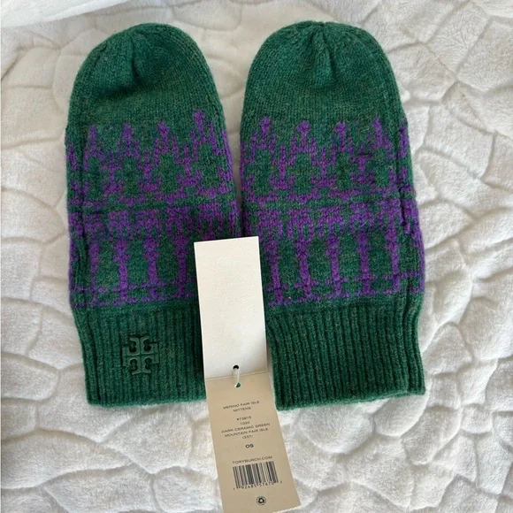 Tory Burch Merino Fair Isle Collection Scarf, Mittens & Hat Dark Ceramic Green - Picture 2 of 16